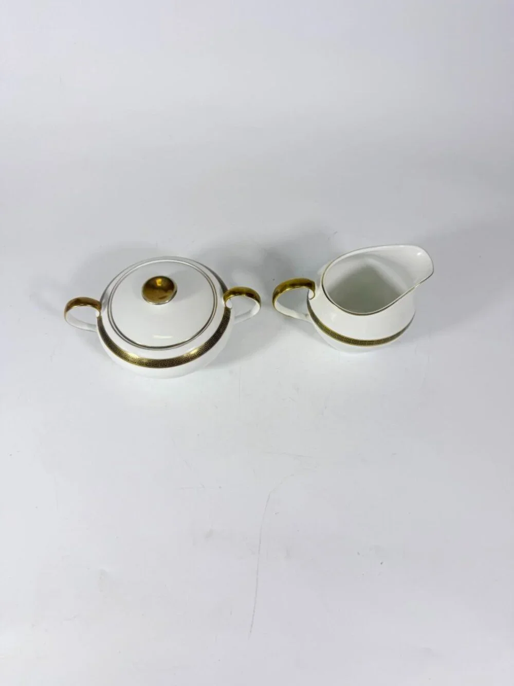 Cream and Sugar Bowl Set Key Largo by Meito Black Greek Key On Gold Band Royal M